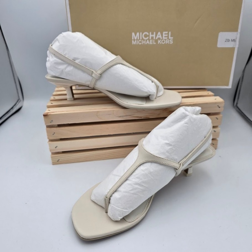 Michael KorsTasha T-Strap Kitten Heel Sandals Womens 6M Cream MK Logo Dressy